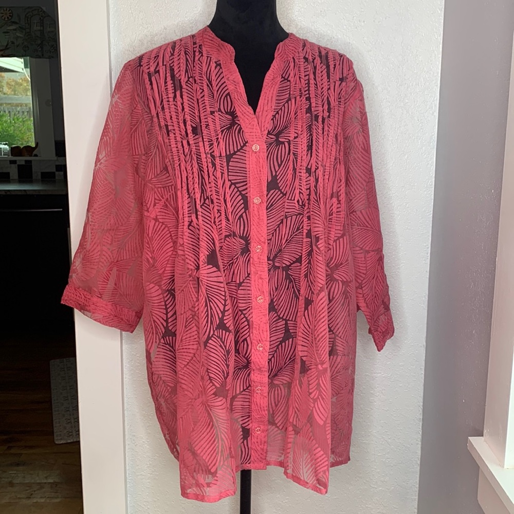 Denim 24/7 Coral Sheer Tropical Blouse 20W Flattering Flowy Tunic Resort Top